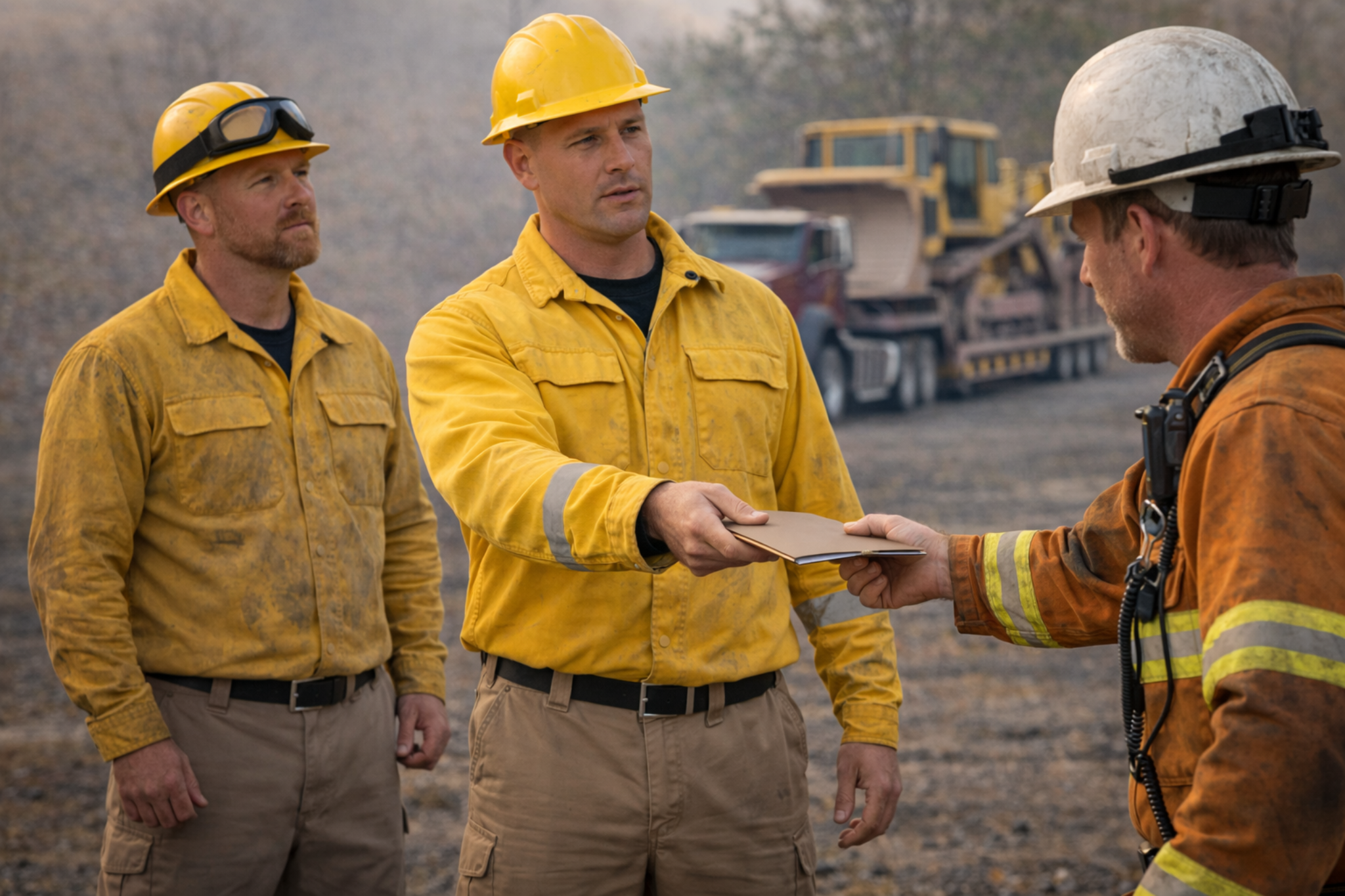 Into The Fray LLC handing incident paperwork to command while an equipment owner observes.